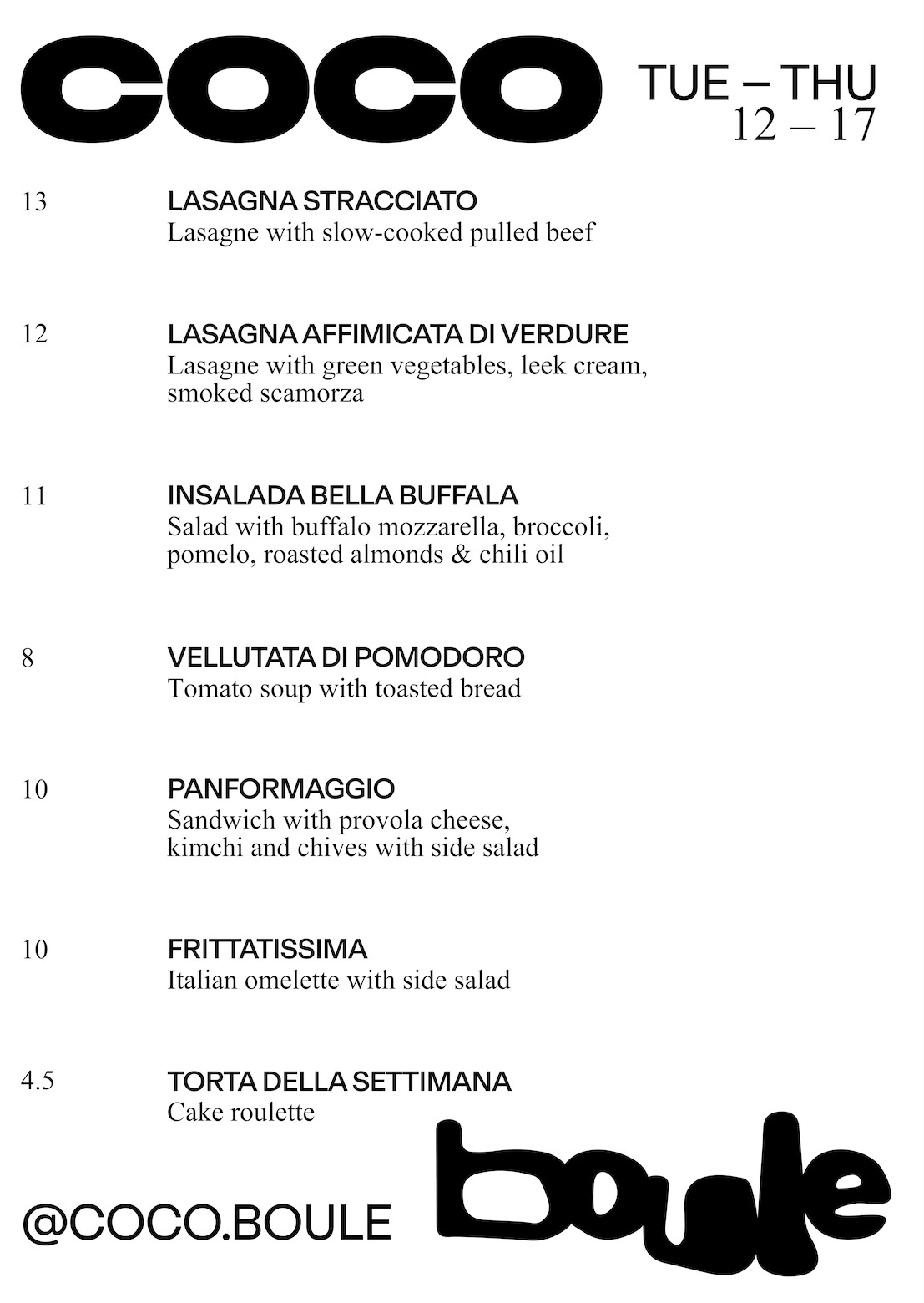 Speisekarte, schwarze Schrift auf weißem Grund