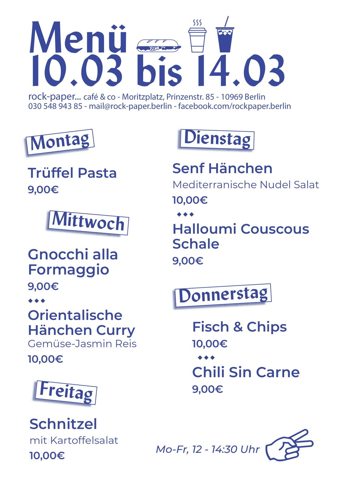 weißer Hintergrund mit blauer Schrift, Wochenkarte des Cafés im Aufbau Haus