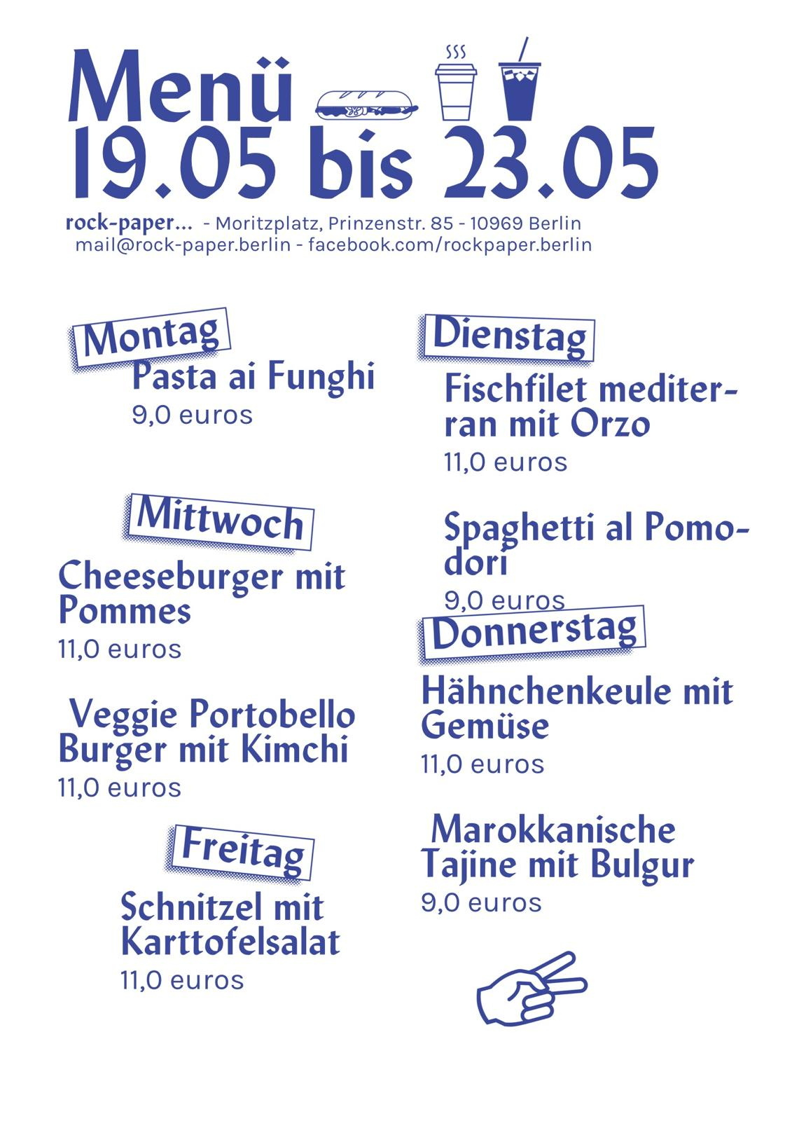 Speisekarte, blauer Text auf weißem Grund