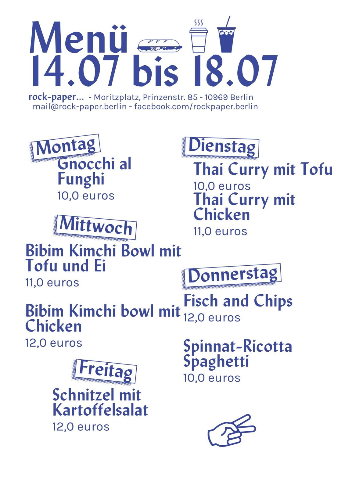 weißes Blatt mit blauer Schrift, Wochenkarte