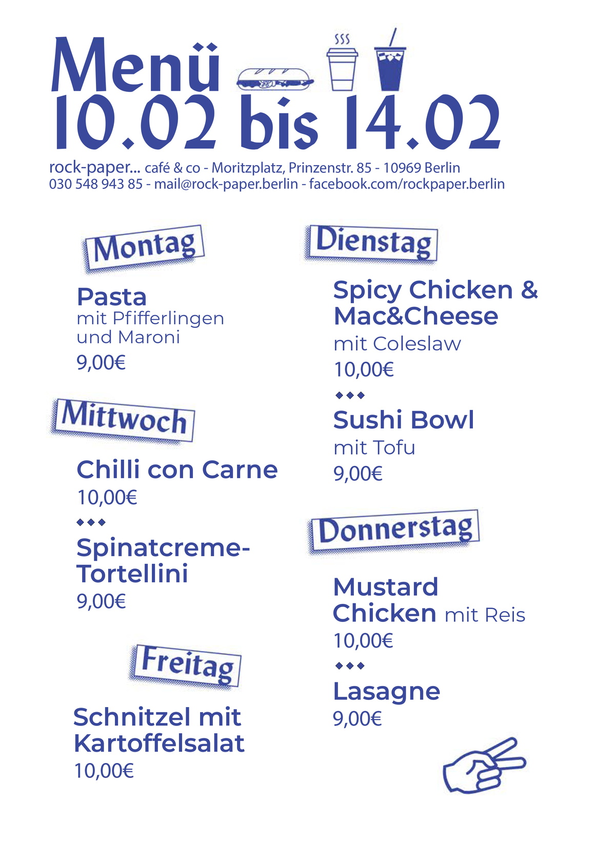 weiße Fläche mit blauen Buchstaben, Mittagsangebot für die Woche 10.-14.02.