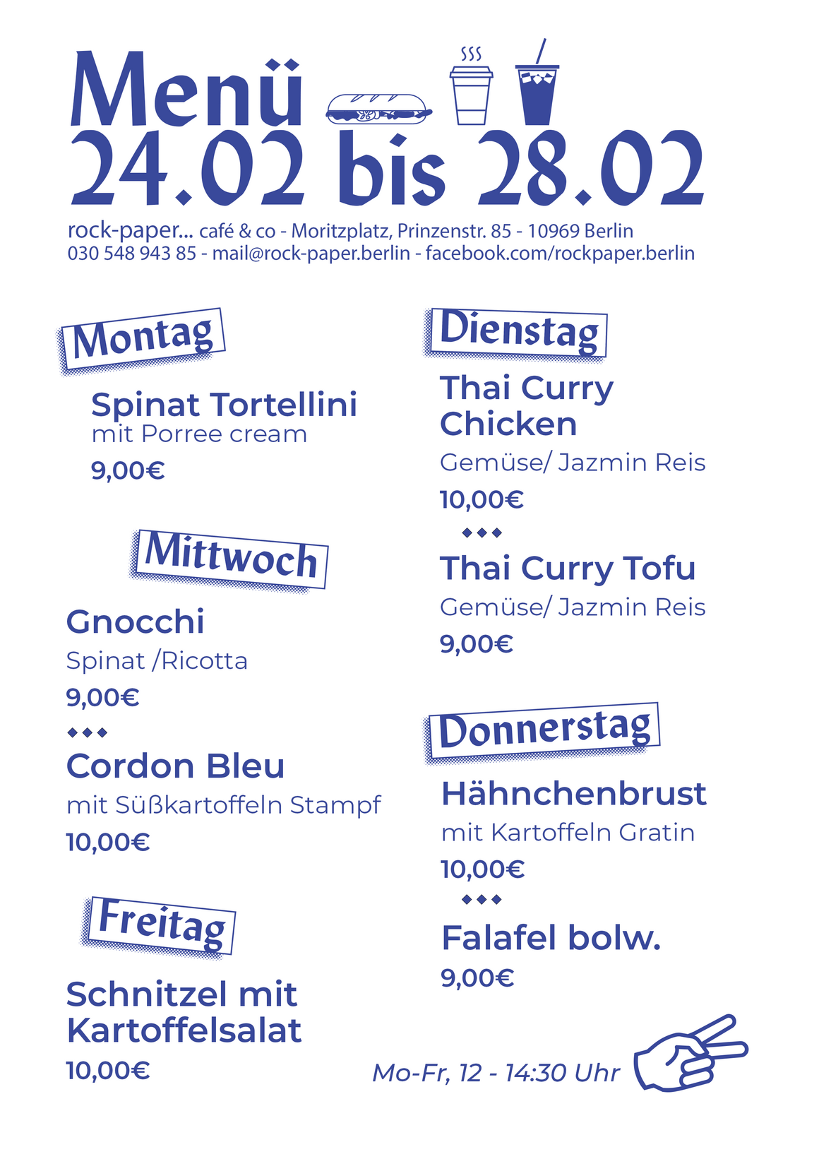 weiße Fläche mit blauer Schrift, Wochenkarte