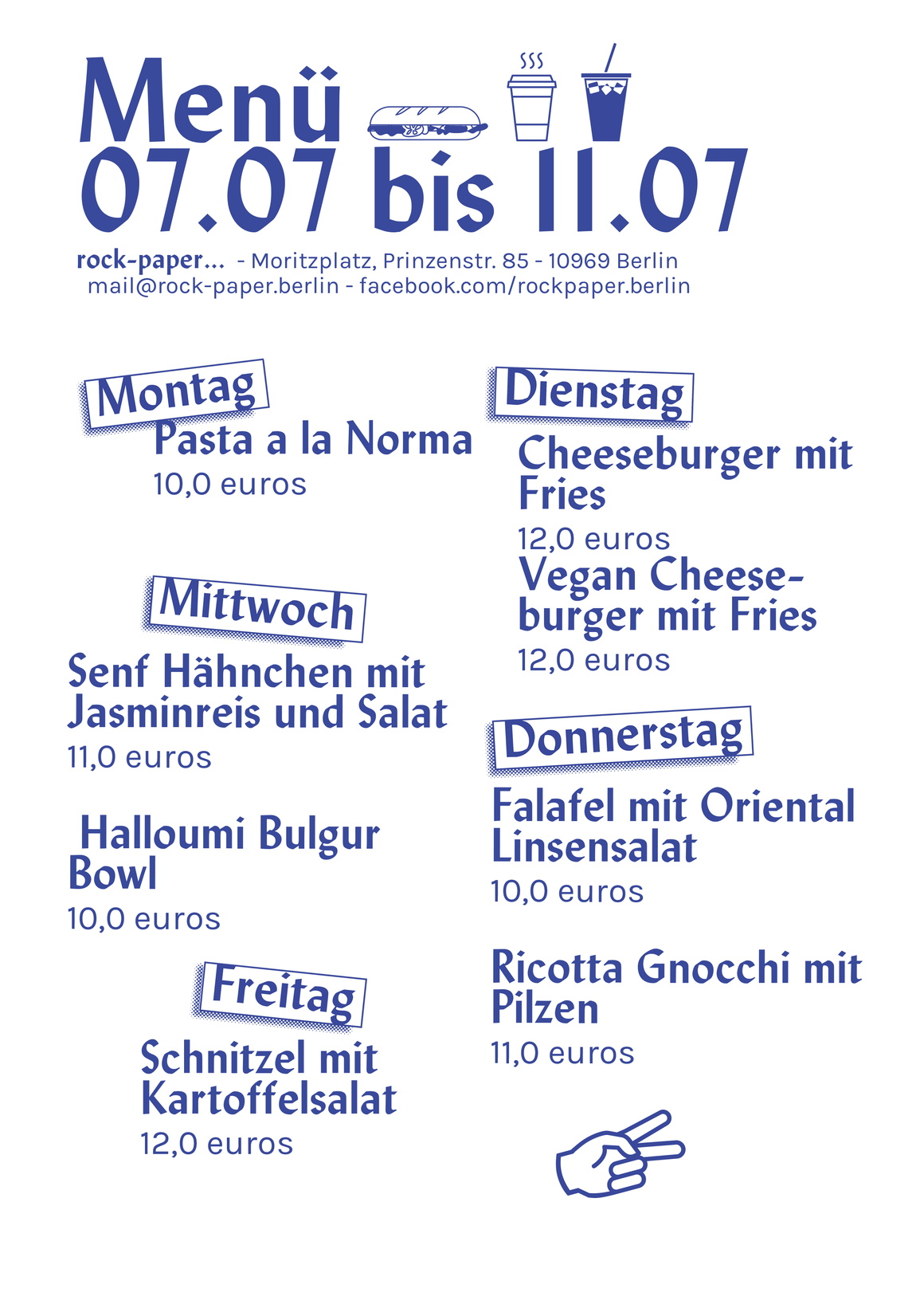 blaue Schrift auf weißem Grund, Wochenkarte für das Mittagsmenü