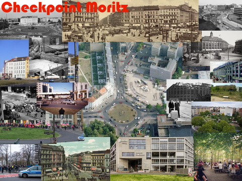 Collage aus vielen Fotos, die den Berliner Moritzplatz im Laufe der Zeit und die anliegenden Häuser zeigen