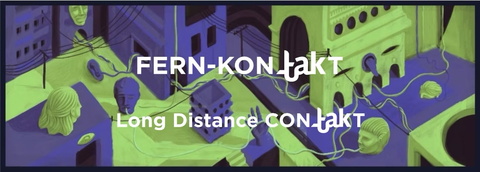 Grafik in hellgrün und lila, eine Stadttszene mit Gebäuden und einem Platz, im Vordergrund weiße Buchstaben