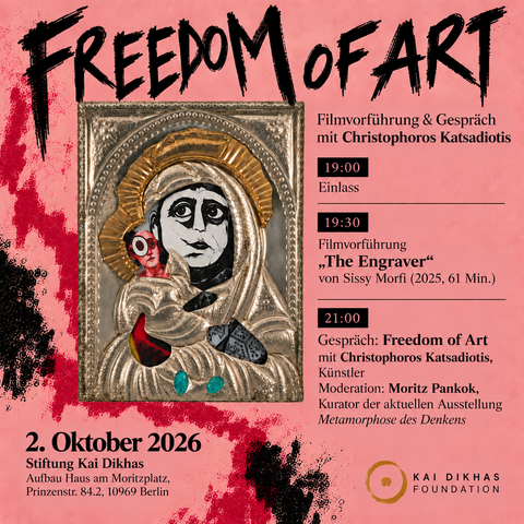 hellrotes Plakat mit einer Ikonenfigur im linken Bereich, rechts daneben das Veranstaltungsprogramm untereinander gelistet, oben in schnellen Pinselstrichen der Veranstaltungstitel Freedom of Art