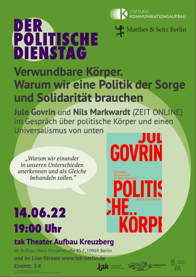 grasgrünes Plakat mit Schrift, Abbildung Buchcover Jule Govrin, ebenfalls typografisch