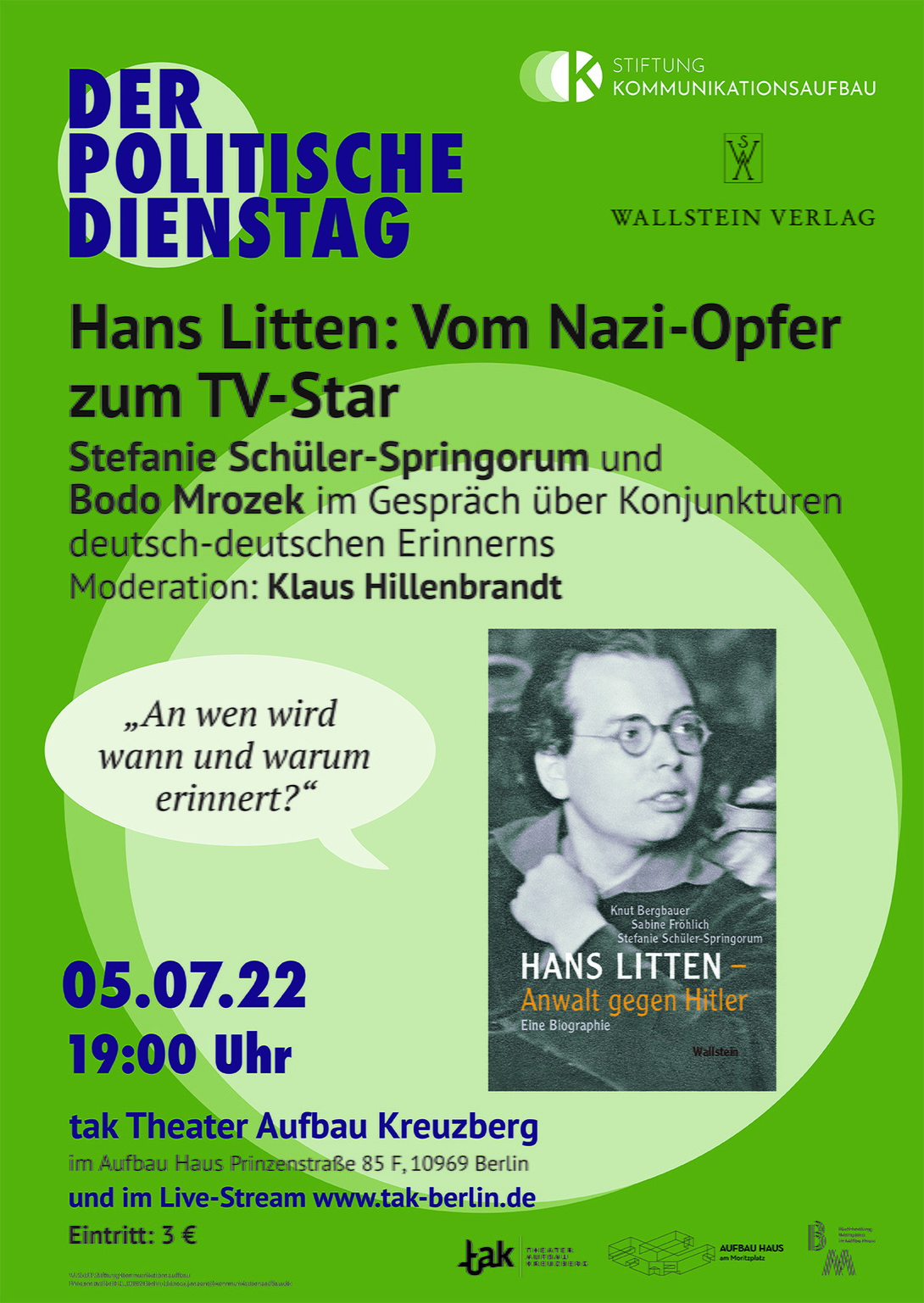 grünes Plakat mit Schrift in Lila und Grau, Buchcover abgebildet