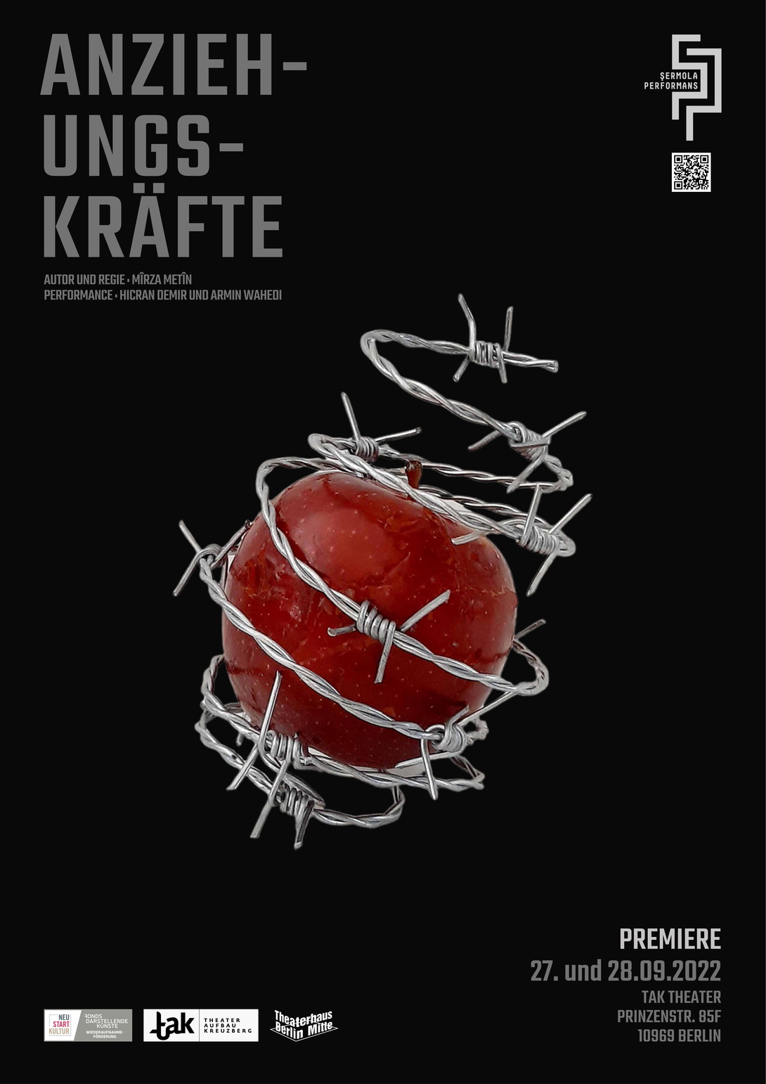 schwarzes Plakat mit rotem Apfel, der in Stacheldraht gewickelt ist, oben links Schriftzug Anziehungskräfte