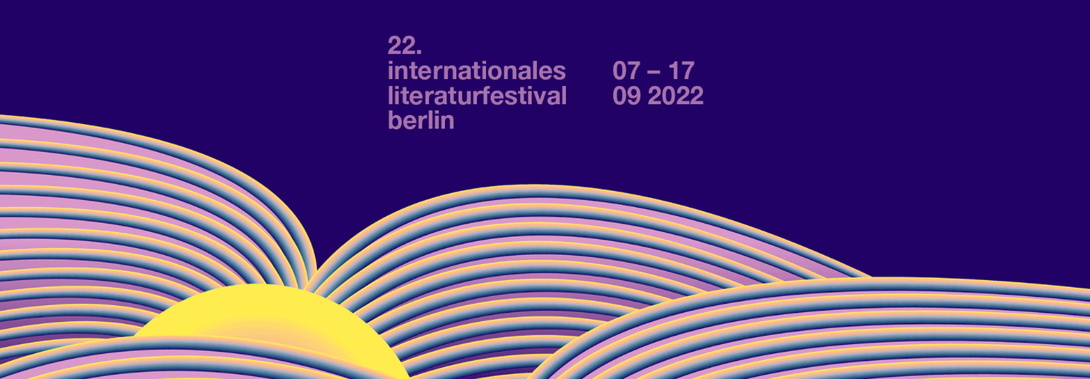 Plakat mit lila Hintergrund, Linien und Schriftzug