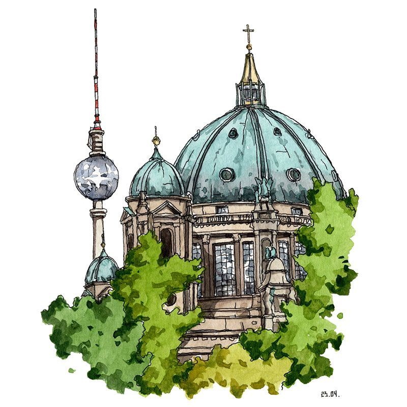 Urbane Skizze Kuppel des Berliner Doms, im Hintergrund der Fernsehturm Alex, mit Wasserfarbe koloriert