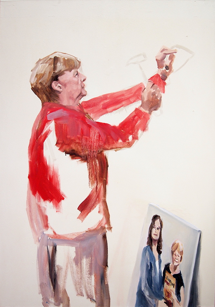 gepinseltes Bild von einer kurzhaarigen Frau, die einen Nagel in die Wand schlägt, um ein Bild aufzuhängen, das vor ihr an der Wand lehnt, darauf zwei Frauen
