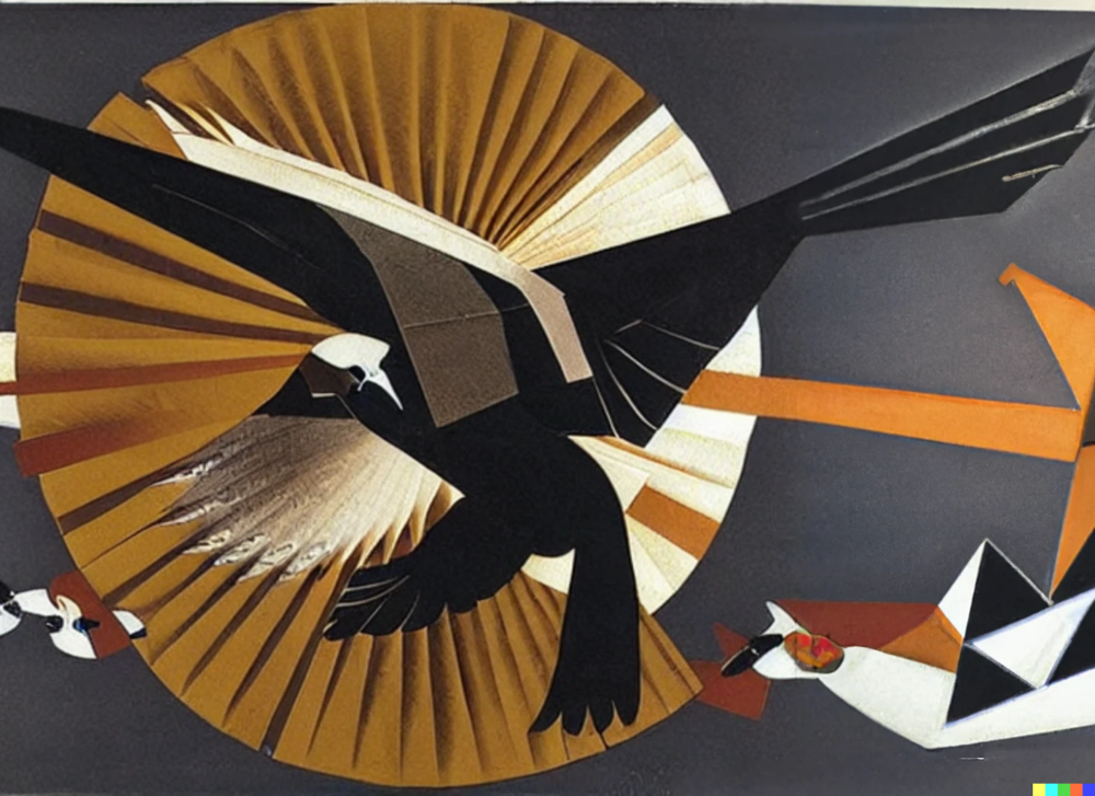Grafik, abstrahierter Greifvogel vor Sonne in Brauntönen