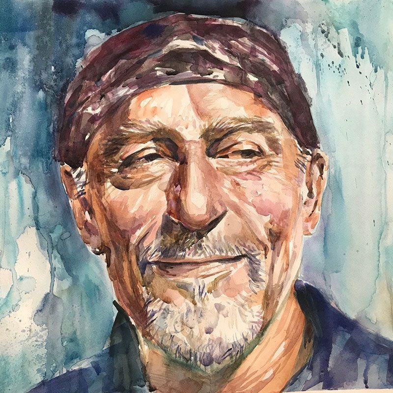 Aquarellporträt eines weißen Mannes mit dunkelrot-lila Kopftuch und weißem Oberlippen- und Kinnbart