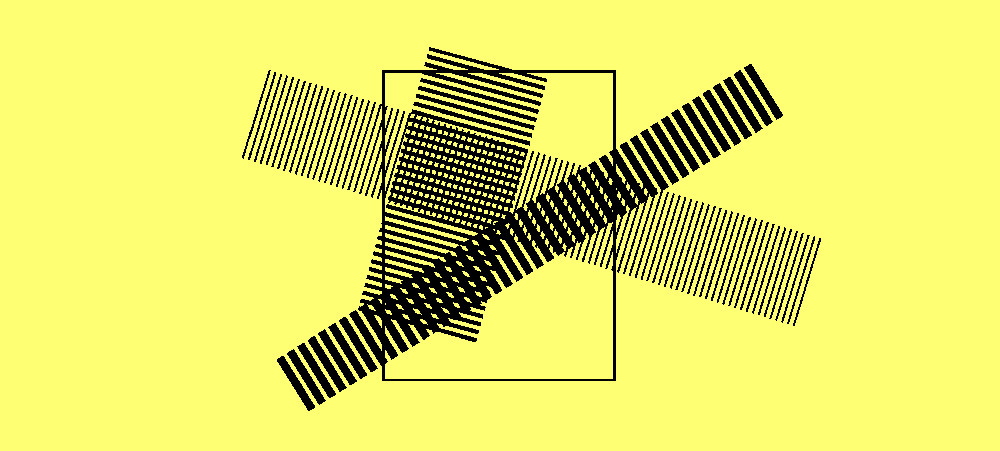 Grafik, kurze schwarze Striche, die Balken formen, drei diagonal übereinanderliegend in verschiedenen. Größen und Längen, zitronengelber Hintergrund