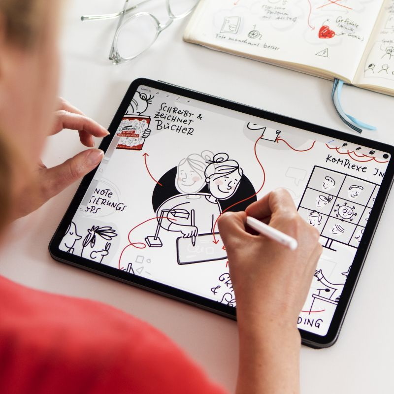 Mensch von hinten im Anschnitt, über ein Tablet gebeugt, auf dem Skizzen und zugehörige Wörter zu sehen sind