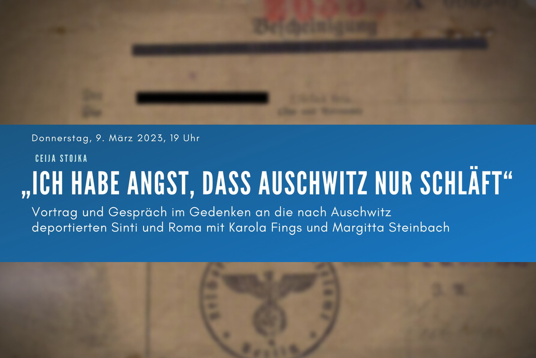 unscharf fotografiertes Dokument aus dem zweiten Weltkrieg im Hintergrund, darüber weiße Schrift auf blauem Balken, der Veranstaltungstitel