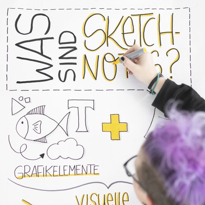 Kopf im Anschnitt von hinten, lila Haare und Brille, gestaltet ein Plakat, auf dem steht: Was sind Sketchnotes?