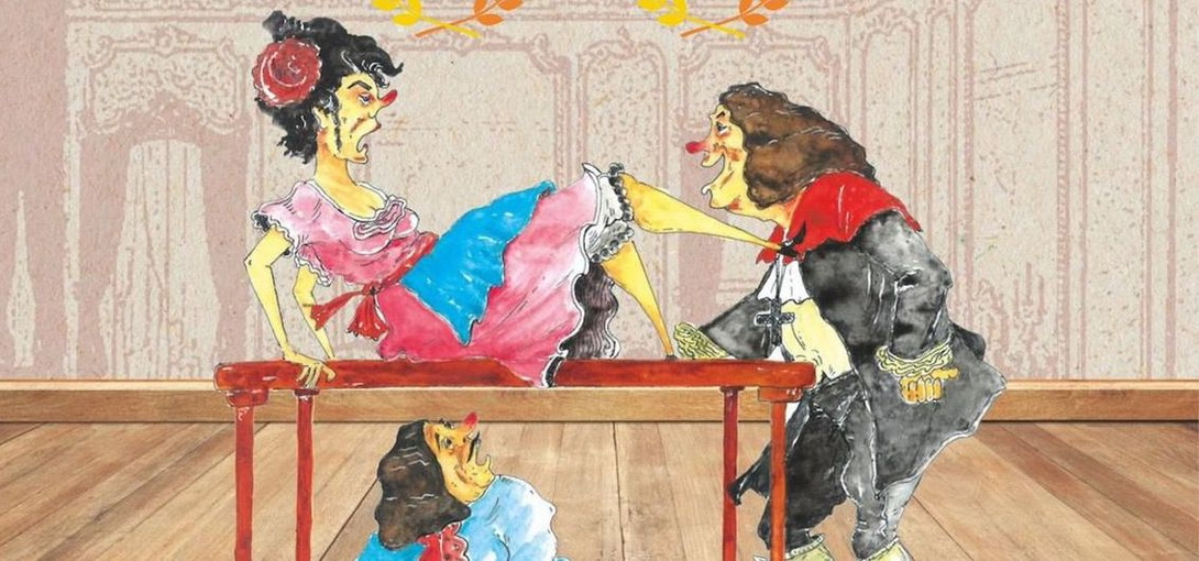 Aquarellbild der Szene mit Orgon unter dem Tisch, der seine Frau und Tartuffe belauscht