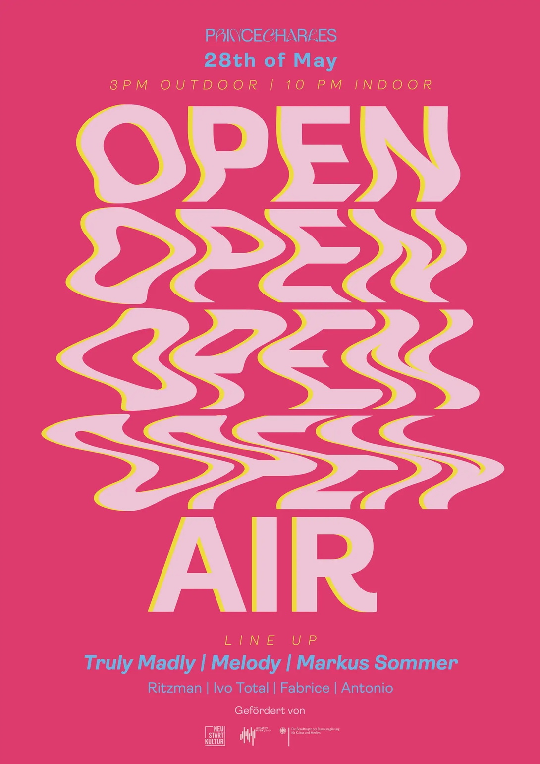 pinkfarbenes Plakat mit weißer Typo Open Air, 4x Open untereinander, Buchstaben verschwimmen immer mehr