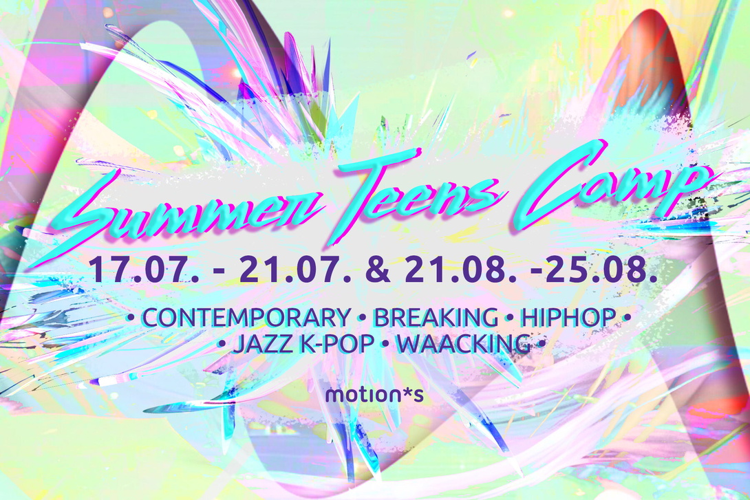 Grafik in hellen Farben mit psychedelischen Formen, Schriftzug Summer Teens Camp