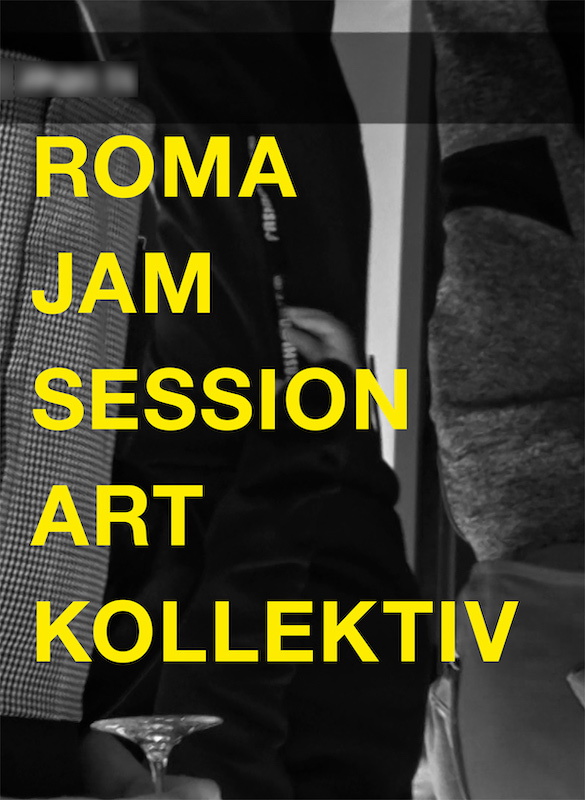 Buchcover in schwarz/weiß, Ausschnitt eines Fotos mit großen gelben Lettern ROMA JAM SESSION ART KOLLEKTIV