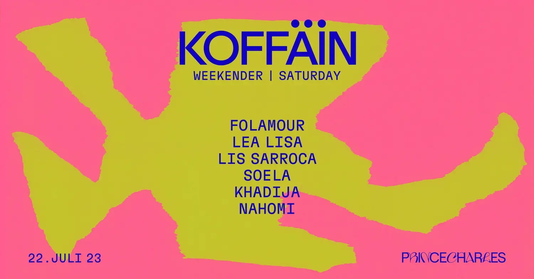 Grafik, gelbe mäandernde Fläche auf Pinke Grund, lila Schrift KOFFÄIN und Line Up