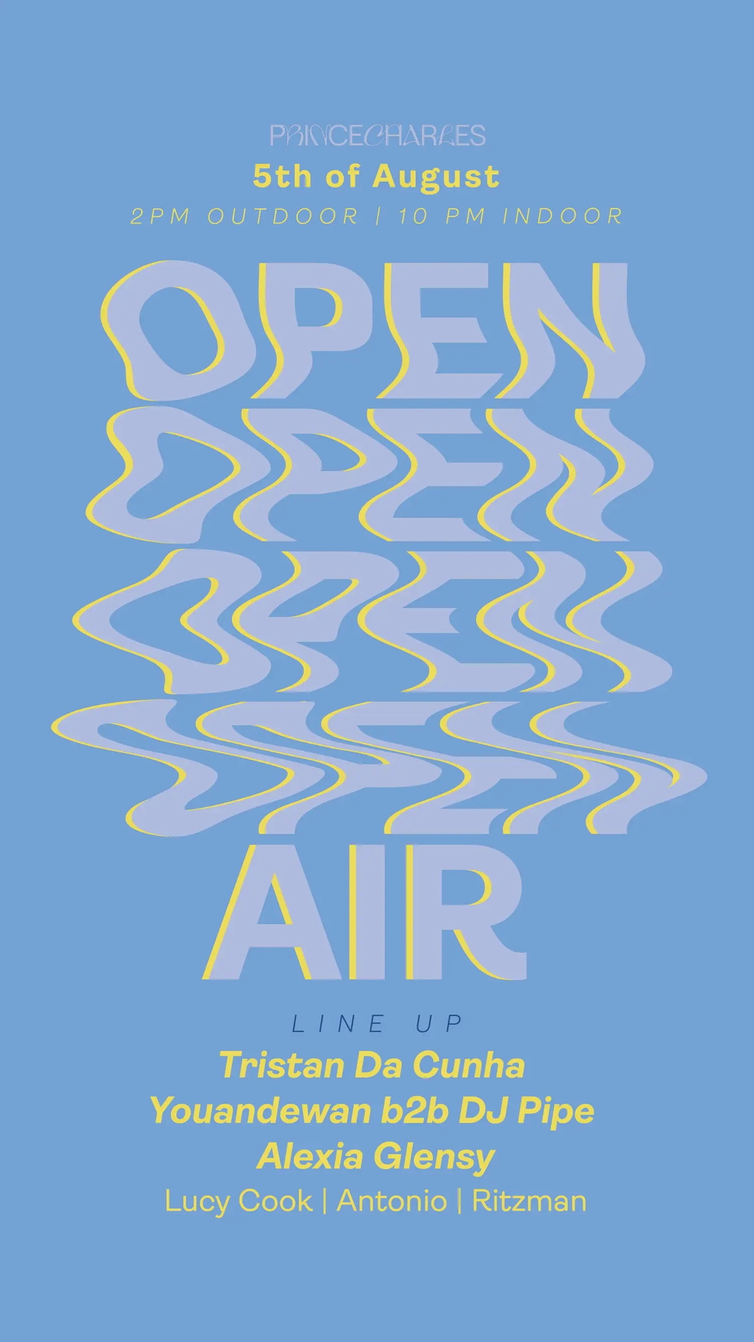 Blaues Plakat mit wellenförmiger Schrift, 4x Open, darunter einmal Air