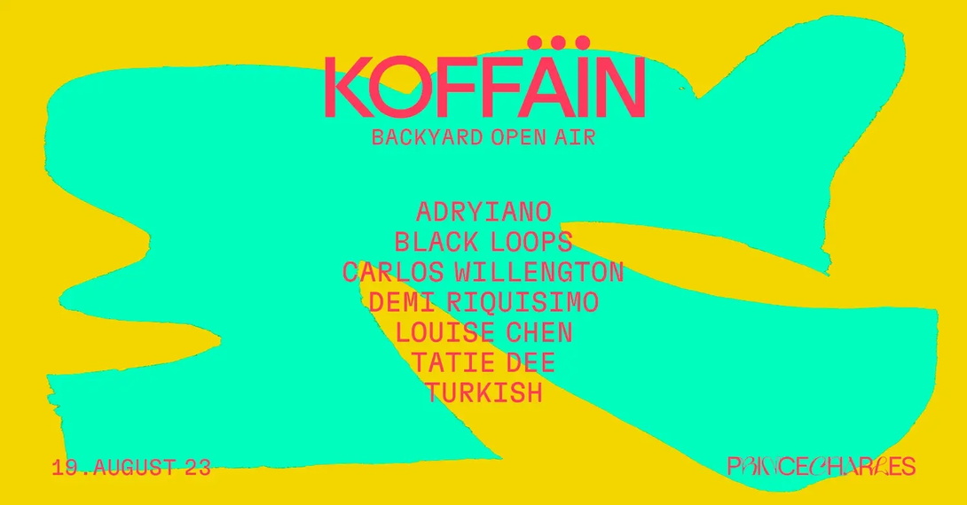 Grafisches Plakat, türkisfarbene organische Fläche auf gelbem Grund, drauf in roter Schrift der Veranstaltungstitel und das Line Up