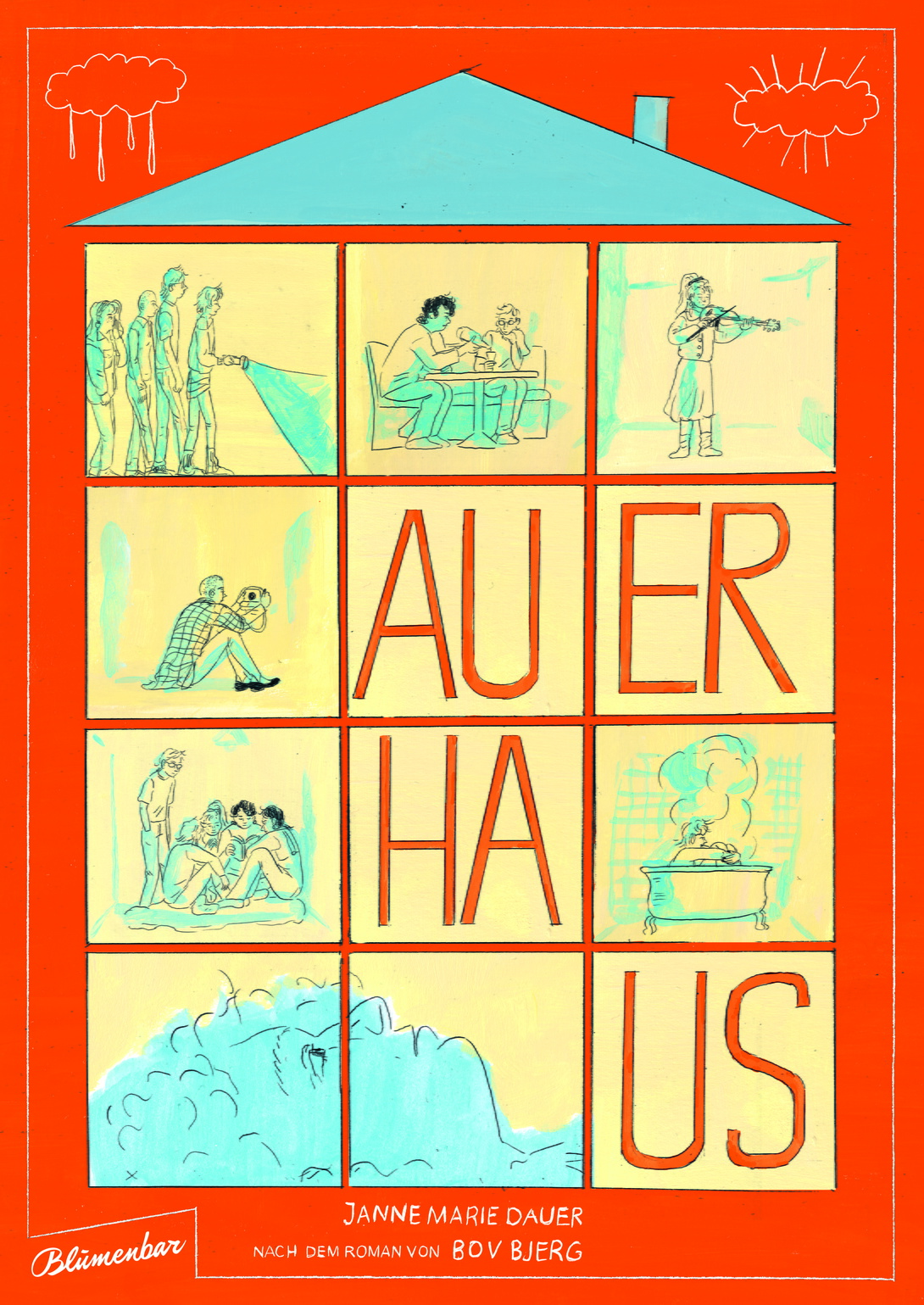 Buchcover: ein Haus, zusammengesetzt aus 12 bleichgroßen, quadratischen Kästchen, in die Szenen aus der Erzählung skizziert sind. Hintergrund rot, Kacheln gelb mit hellblau eingefärbten Bildsequenzen
