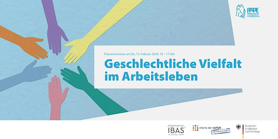 Grafik, in der sechs verschiedenfarbige Hände nach einem Punkt greifen, daneben der Veranstaltungstitel