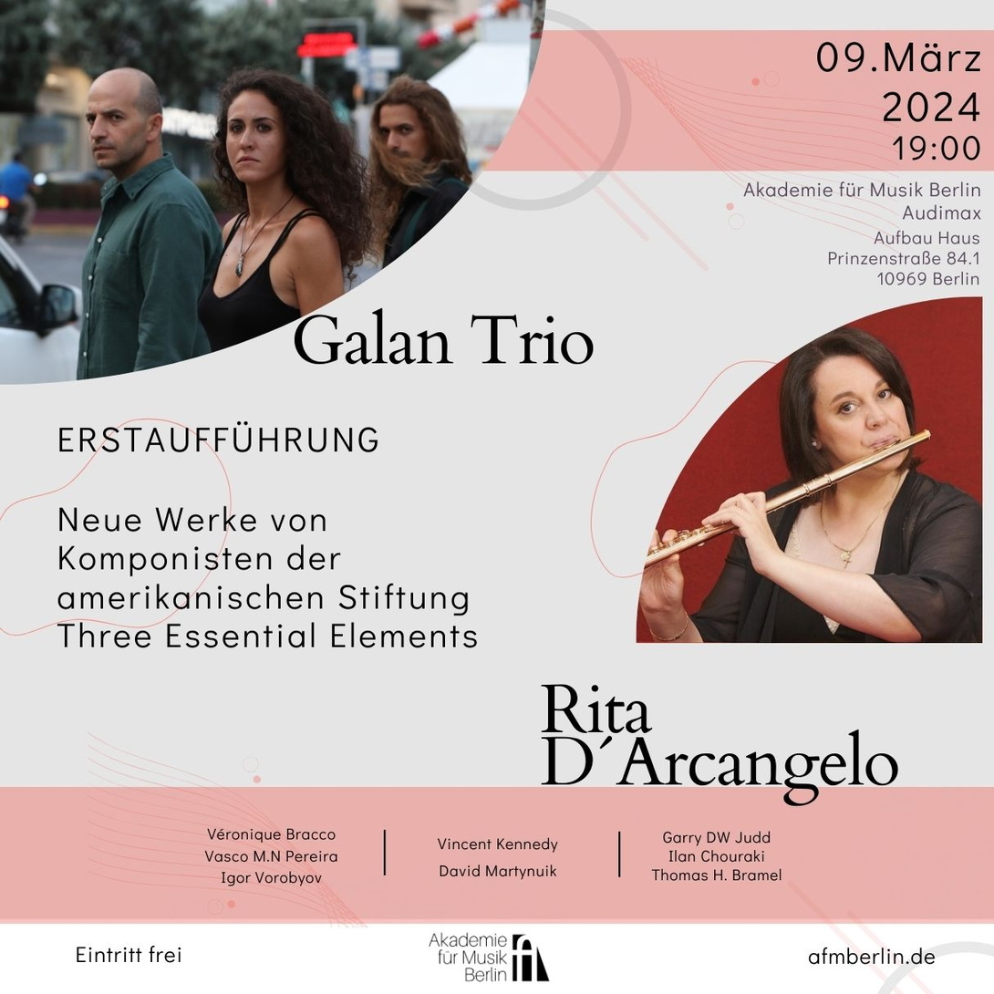 zwei Fotos, eins mit zwei männlich und einer weiblich gelesenen Person, alle drei schauen herausfordernd in die Kamera, daneben der Name der Gruppe Galan Trio, außerdem das Bild einer Flötistin, daneben ihr Name, Rita d'Arcangelo, und Datum und Ort des Konzerts 