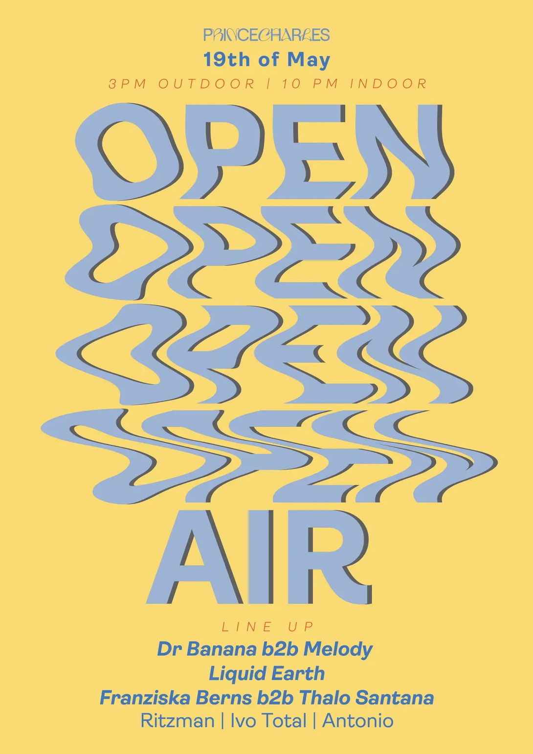 gelbes Plakat mit wellenförmiger Typografie 4x Open, 1x Air in hellgrauer Schrift