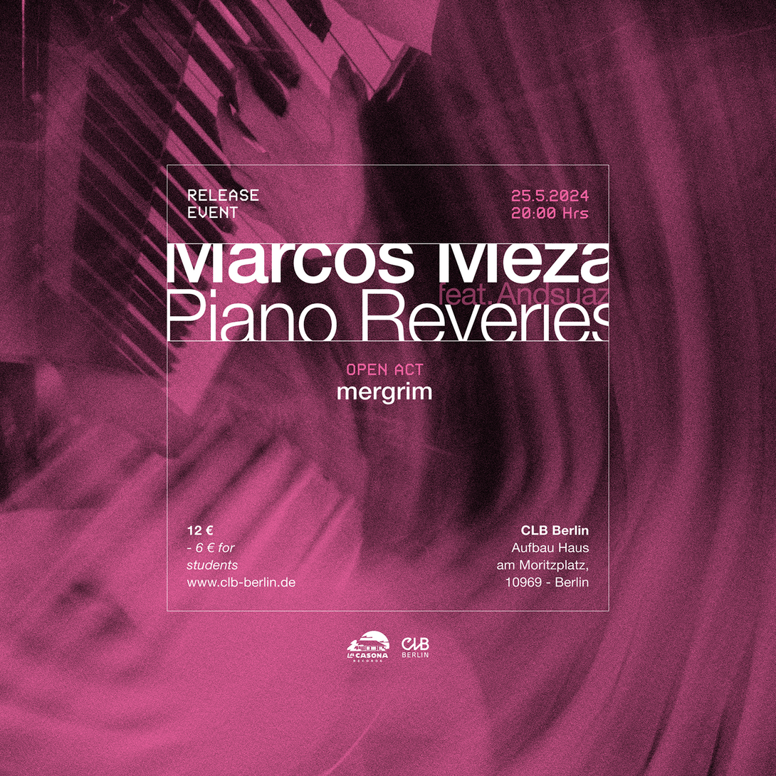 pinkfarbene Grafik organische Bewegung angedeutet und weiße Lettern: Marcos Meza: Piano Reveries