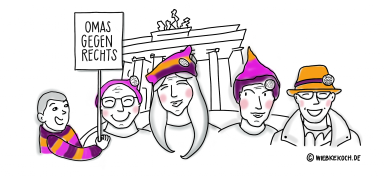 Grafik, 5 gezeichnete Porträts mit Kopfdeckungen vor dem Brandenburger Tor, eine Person hält ein Schild mit dem Schriftzug OMAS GEGEN RECHTS