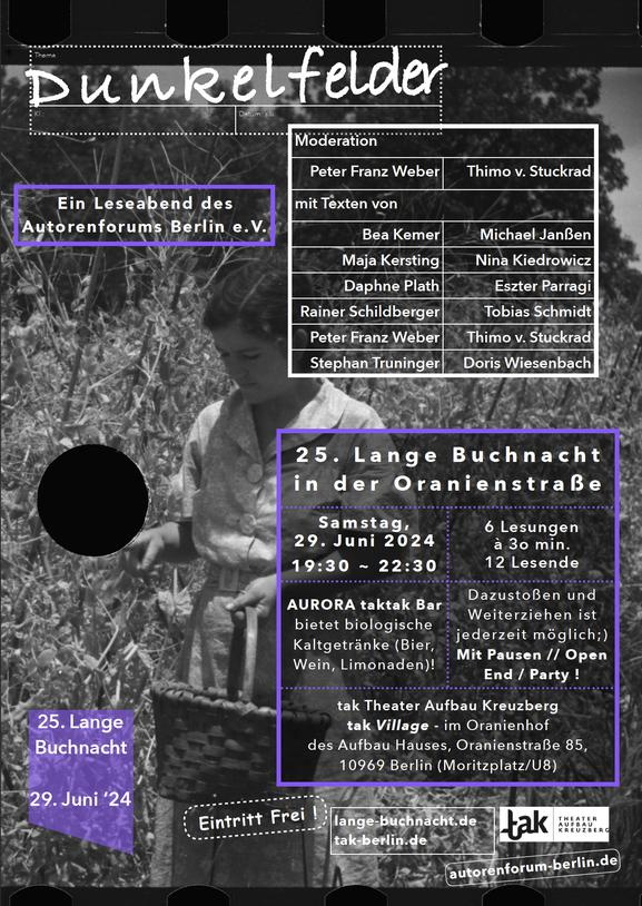Dicht beschriebenes Plakat im Hintergrund ein schwarz-weiß Foto von einer jungen Frau auf einem Feld