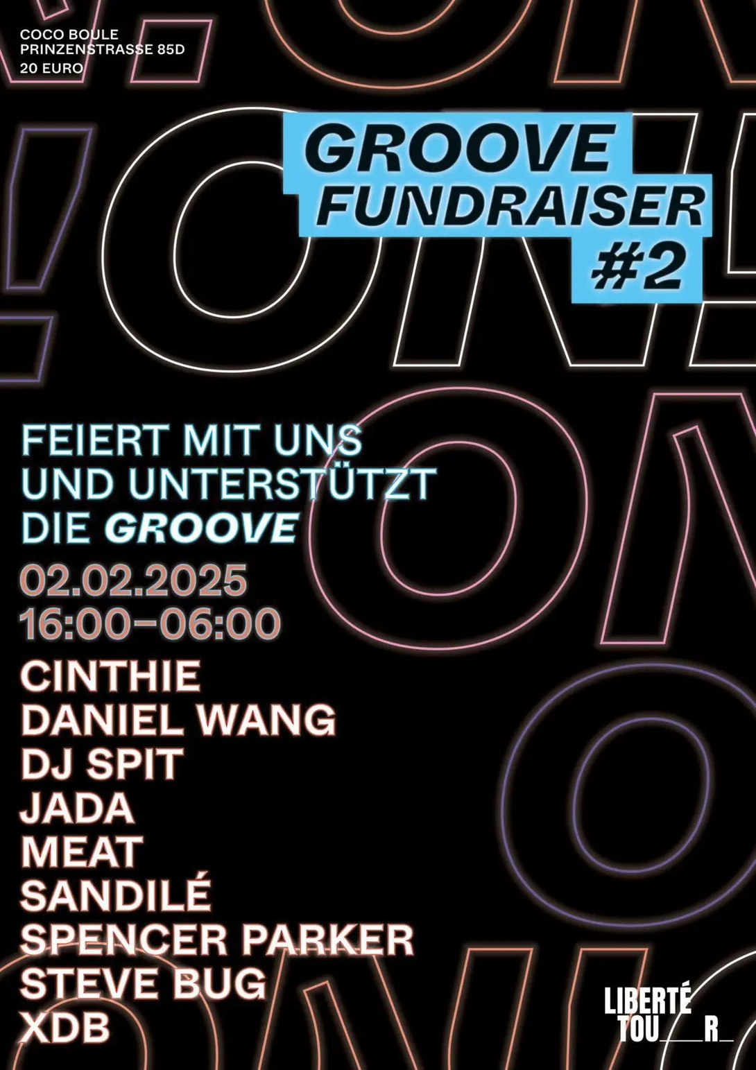 schwarzes Plakat mit Schrift Groove Fundraiser #2, darunter ein Line Up für eine Party