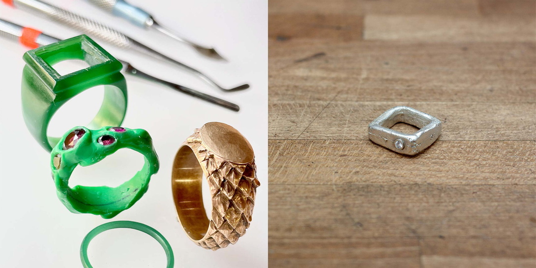 zwei Bilder nebeneinander, links ein grüner Wachsring mit kleinen roten Steinen, ein grüner Ring aus Kunststoff mit einer quadratischen Fassung für einen Stein, daneben ein Ring aus einem rötlichen Metall, auf weißem Grund. Daneben eine Holzplatte, auf der mittig ein viereckiger silberner Fingerring liegt, ein Edelstein an einer Ecke