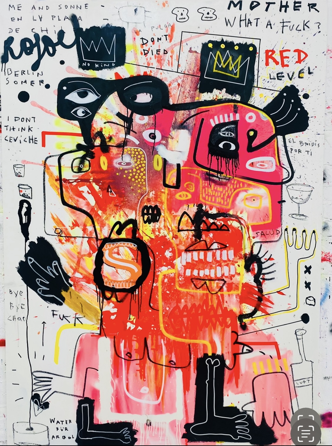 abstraktes Gemälde, vor allem Rot und Schwarz, Gesichtsmerkmale, Füße und Hände, ein paar englische Wörter 