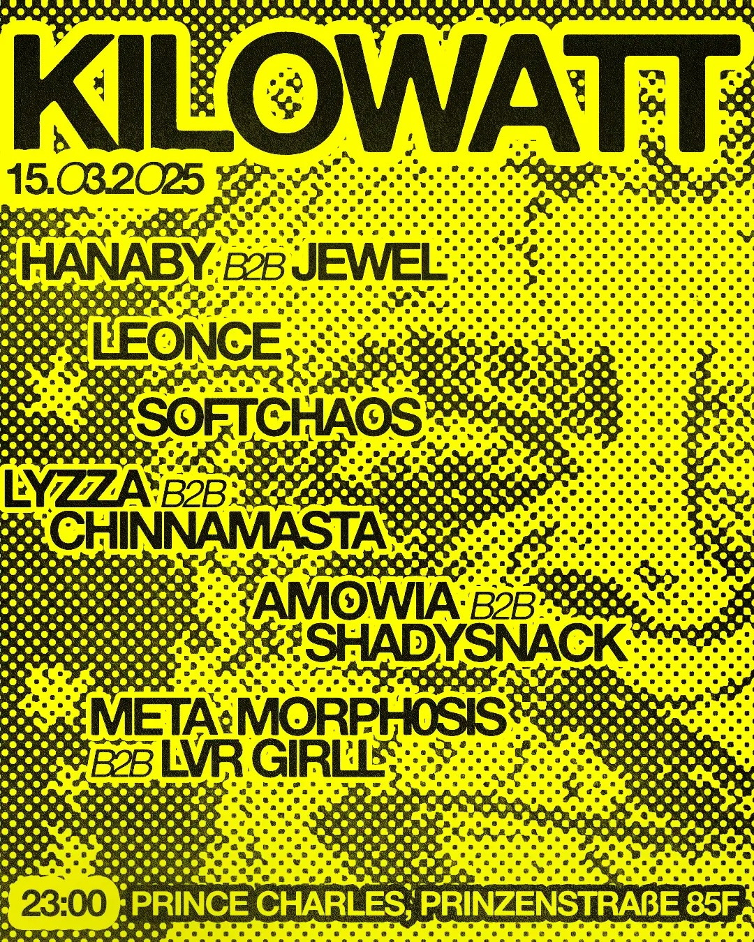 gelbes Plakat mit schwarzer Schrift, im Hintergrund sehr großer Ausschnitt eines Comicgesichts