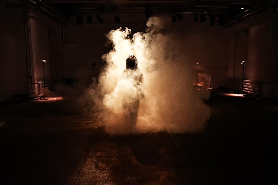 sehr dunkle Situation, vielleicht in einem städtischen Hof draußen, ein Mensch, inmitten einer hell erleuchteten Rauchwolke