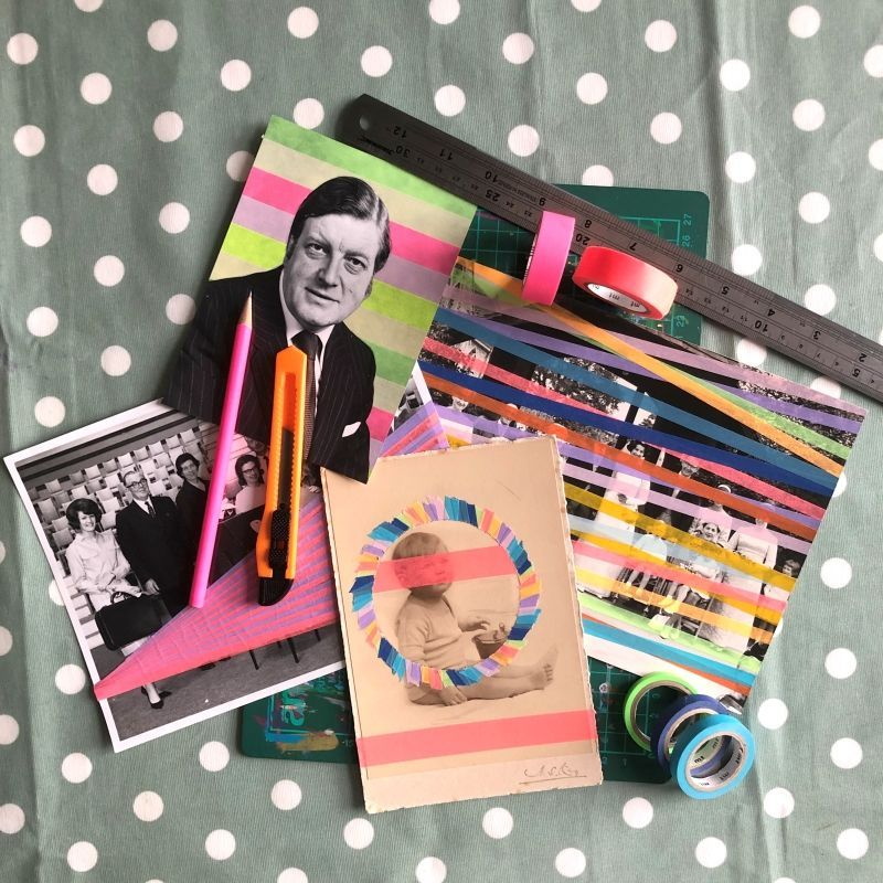 ein Stapel Fotos, die mit mt Washi Tape beklebt sind, auf einer grauen Tischdecke mit weißen Punkten