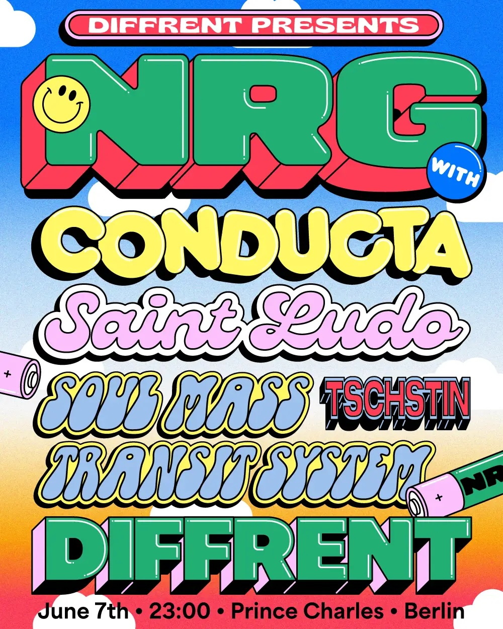 buntes Plakat mit verschiedenen Schrifttypen in grün, gelb, rosa etc. Veranstaltungsname und Line Up