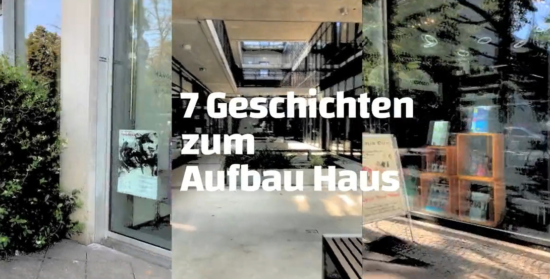 Split Screen mit drei verschiedenen Ansichten, eine gläserne Hausecke, ein Atrium, ein Schaufenster