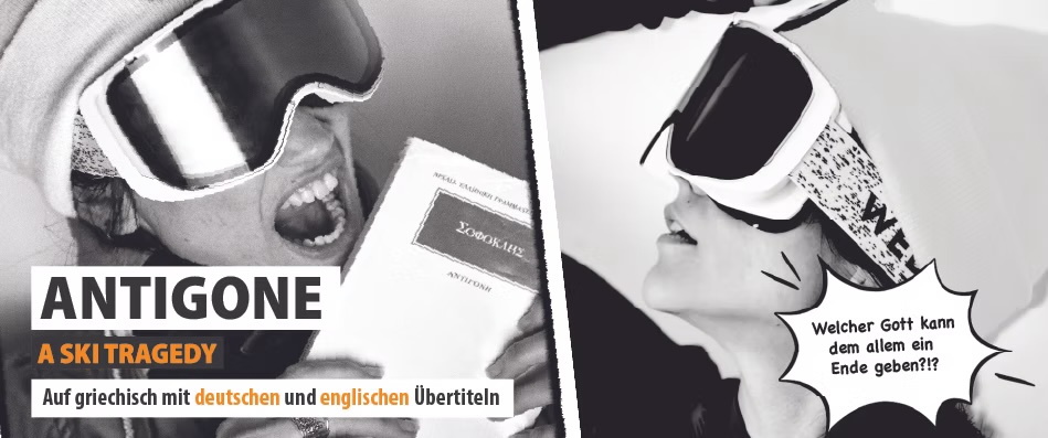 zweigeteiltes Schwarz-Weiß Bild, auf beiden Seiten jeweils ein Porträt einer jungen Frau mit Skibrille, die eine will in ein Papier beißen, die andere schaut schräg nach oben