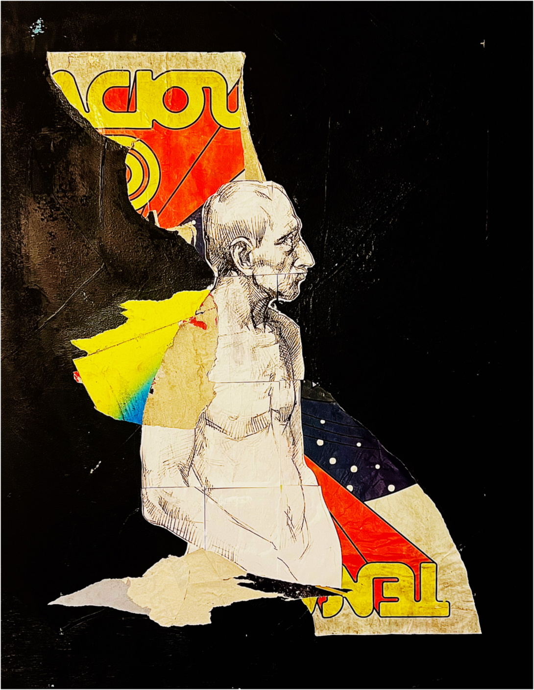 Collage, eine Zeichnung von einem mittelalten Mann vor schwarzem Hintergrund mit Ausrissen eines gelb roten Schriftzuges