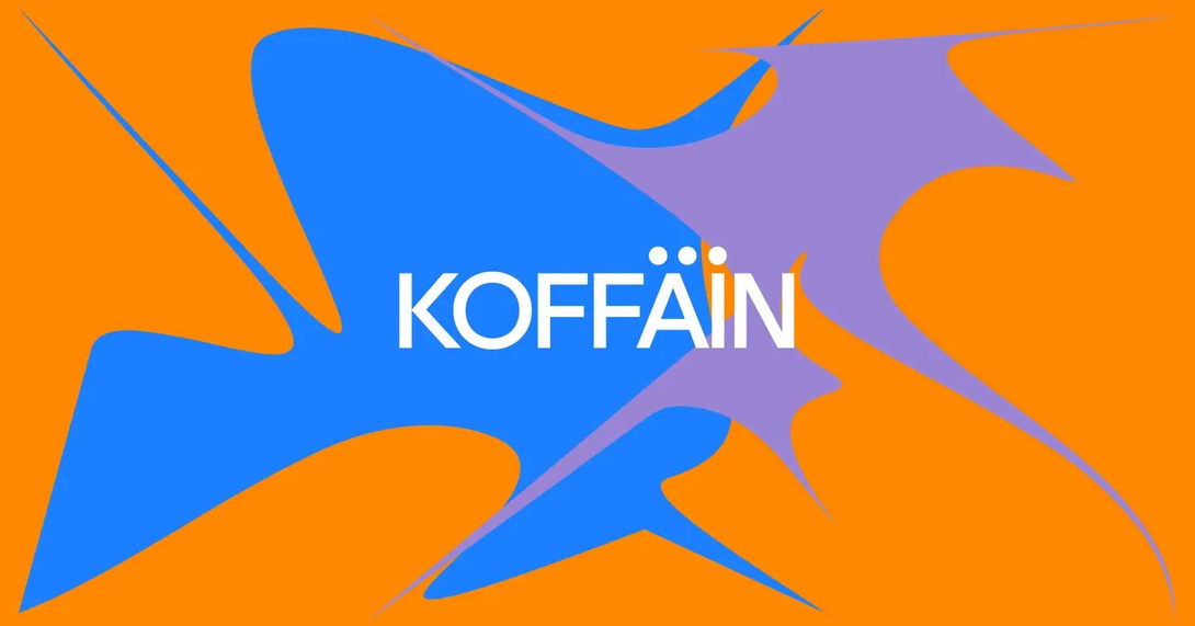 orangefarbene Fläche, große klecksartige Form in blau und lila, darauf in Weiß die Buchstaben KOFFÄIN