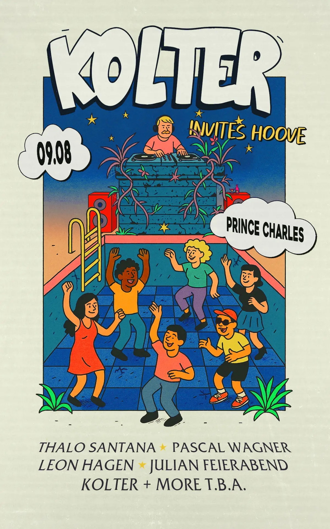 Grafik, tanzende Menschen in einem leeren Schwimmbad, darüber der Schriftzug KOLTER