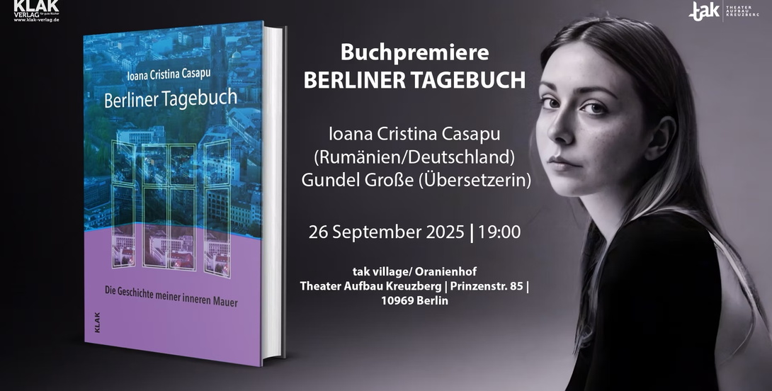 Banner rechts ein Buch, in der Mitte Text, rechts eine junge, langhaarige Frau im schwarzen Pulli