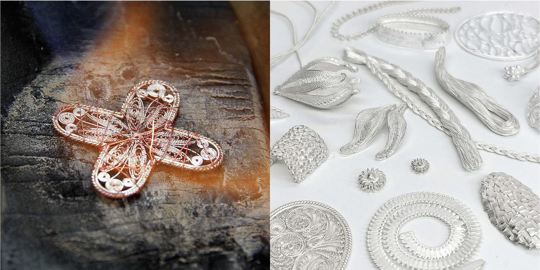 zweigeteiltes Bild: links eine filigrane Form aus Silber, ganz flach, abgerundete Kreuz Form in rötlichem Licht, rechts filigraner Silberschmuck in verschiedenen Formen auf weißem Untergrund
